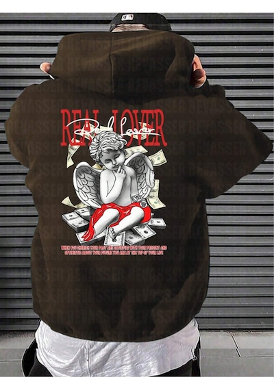 Startmore Kahverengi Unisex Oversize Real Lover Baskılı Bol Kesim Kapşonlu Şardonlu