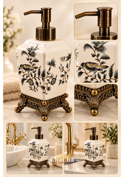 Chacha Home Aurelia Seramik Sıvı Sabunluk 470 Ml Antik Bronz Görünümlü Ayaklı Ve Pompalı 22 Cm Açık Gri
