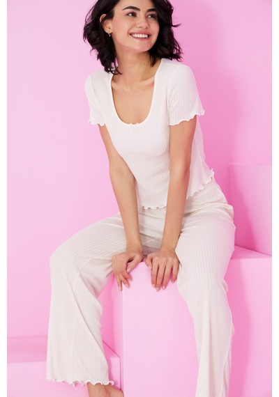 Siyah İnci Soft Touch İnce Mevsimlik Örme Pijama Takım7869 Ekru