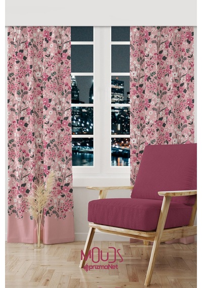 Pembe Çiçek Desenli Süet Oturma Odası Salon Fon Perde Baskılı Ekstrafor Büzgü 2 Kanat Prd-1022 Çok Renkli