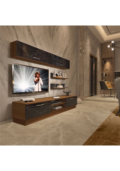 Decoraktiv Eko 5b Mdf Dvd Tv Ünitesi Tv Sehpası Ceviz - Siyah Mermer