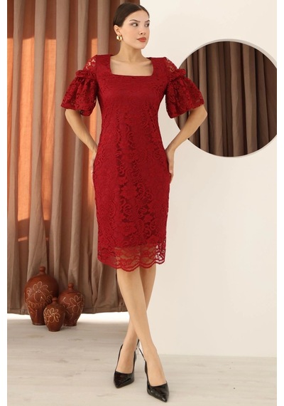 Lodmela Kare Yaka Balon Kollu Dantel Elbise 6039-bordo Bordo