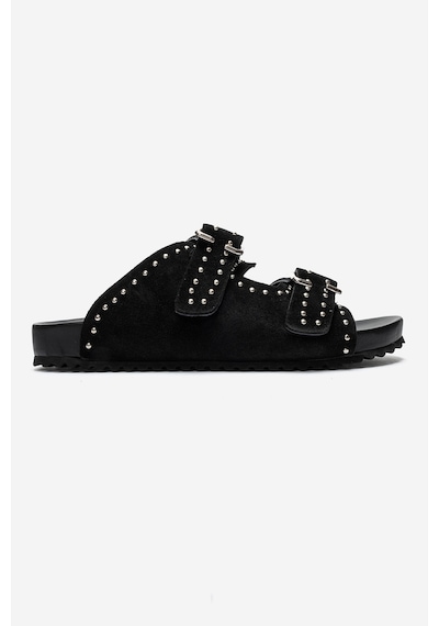 Luvi Shoes Avenelle Siyah Süet Hakiki Deri Çift Bantlı Zımbalı Kadın Terlik