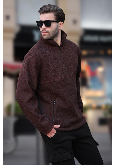 Madmext Acı Kahverengi Dik Yaka Yarım Fermuarlı Buklet Sweatshirt 7084 Acı Kahverengi