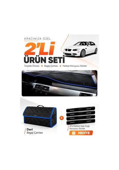 Bmw E90 2005-2013 Uyumlu Torpido Örtüsü + Deri Bagaj Çantası + Sticker Seti - Siyah Mavi