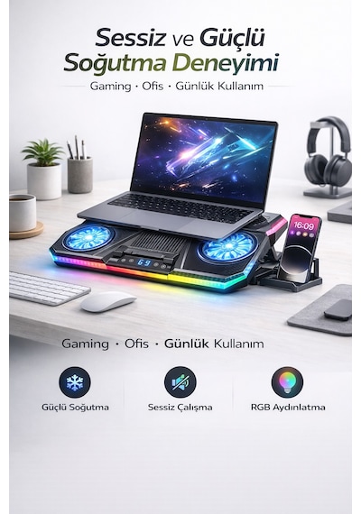 9 Fanlı Laptop Soğutucu 2400 Rpm Ultra Güçlü Fan 13-19 İnç Laptoplar İle Uyumlu 8 Kademe Yükseklik