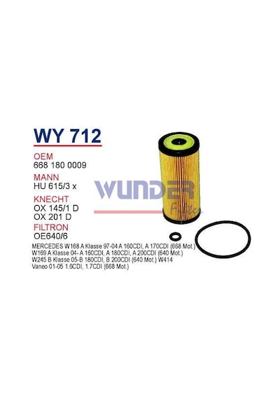WUNDER WY712 YAĞ FİLTRESİ - MERCEDES 168 KASA A160 CDI- A170 CDI