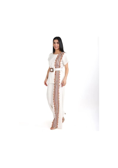 Modatalika Trend Kadın Krem Keten Dokulu Bol Paça Pantolon Ve Kısa Kollu Bluz Takımı Ekru