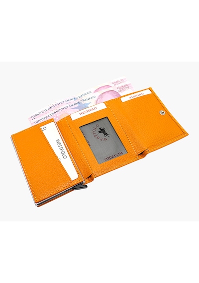 Westpolo Hakiki Deri Unisex Mekanizmalı Cüzdan 8 Kartlık - Hardal Hardal