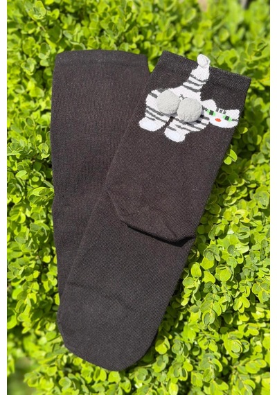 Lousocks Unisex Siyah Yeşil Gözlü Tekir Kedi Desenli Ponpon Soket Çorap