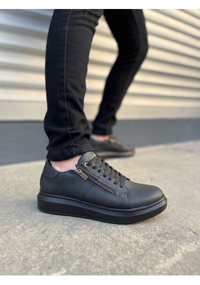 Jy155 Warrior Bağcıklı Ve Fermuarlı Cilt Erkek Günlük Sneaker Ayakkabı Cst - Siyah Siyah