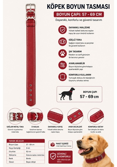 Pedli Köpek Boyun Tasması 57-69 Cm 4 Cm Geniş Kalın Beyaz Dikişli Metal Tokalı - Bordo Çok Renkli