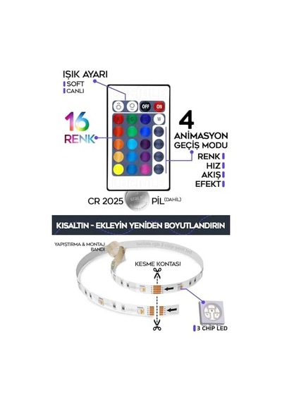 3 Metre Tv Arkası Tak Çalıştır Rgb Led 16 Renkli 4 Animasyonlu Yatak Odası Mutfak Lambader Açık Gri