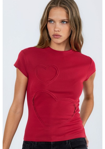 Hiccup Busem İşlemeli Kalp Desenli Yuvarlak Yaka T-shirt Kırmızı