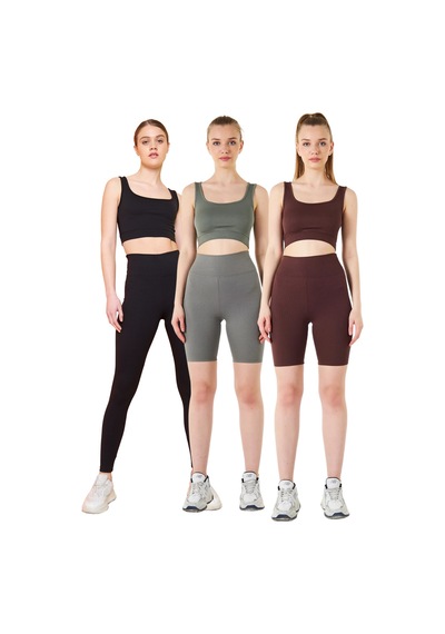 Thiff Gymwear Fitilli Kare Yaka Esnek Örme Crop Büstiyer 3'lü Atlet Set Siyah - Haki - Kahve