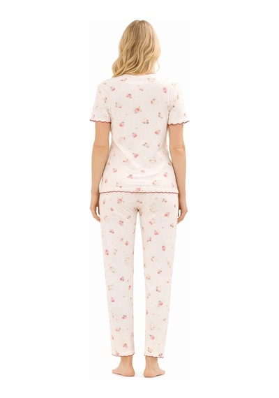 Kadın 01669 Kısa Kol Kaşkorse Pijama Takımı Bej