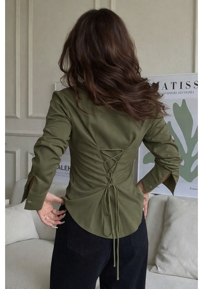 Kadın Arkası Bağcıklı Gömlek Slim Fit Günlük Ve Ofis Kombin Modern Tasarım Haki