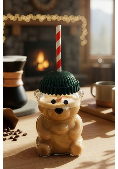 Snippy Bear - Cam Ayıcık Bardak Pipetli Kahve Bardağı Barista İçecek Bardağı 550 Ml Şeffaf