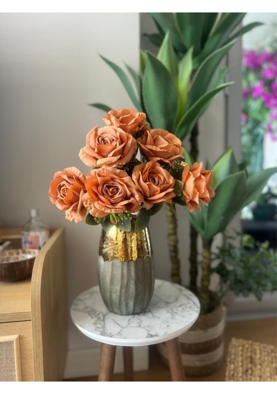Yapay Çiçek 7li Gül Demeti 40 30cm 1.kalite Büyükboy Koyu Somon