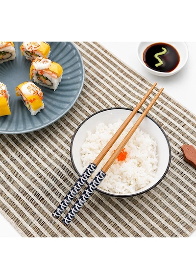 Valkyrie 5 Çift Doğal Ahşap Yemek Çubuğu Seti Japon Desenli Kaymaz Uçlu Kutulu 22,5cm Chopstick Seti