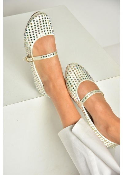 Fox Shoes U726634504 Bej Kumaş Taş Detaylı Kadın Babet Bej-kumaş