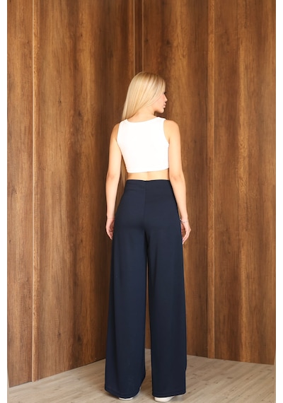 Ozy Fashion Kadın Modal Kumaş Yüksek Bel Pileli Geniş Paça Cepli Eşofman Altı Lacivert