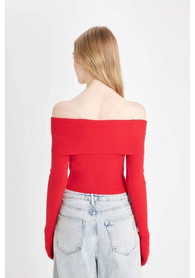Defacto Coool Slim Fit Dar Kesim Açık Omuz Basic Düz Triko Kazak B6537AX24WNRD106 Kırmızı