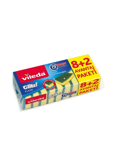 Vileda Glitzi Klasik Düz Hijyenik Bulaşık Süngeri Yeşil 8+2 Ekonomik Paket