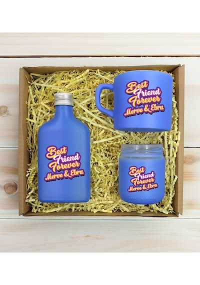 Bk Gift Kişiye Özel İsimli Dtf Best Friend Temalı Mavi Kahve Fincanı & Kolonya & Mum Hediye Seti-3, Arkadaşa Hediye, Doğum Günü Hediyesi Kobitmeyencom