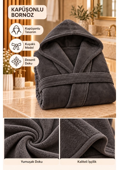 Kapüşonlu Unisex Rashell Bornoz Cepli Yumuşak Dokulu Antrasit