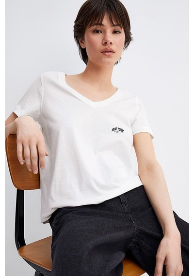 Kadın V Yaka New York Tshirt Spr25tsk20 Beyaz