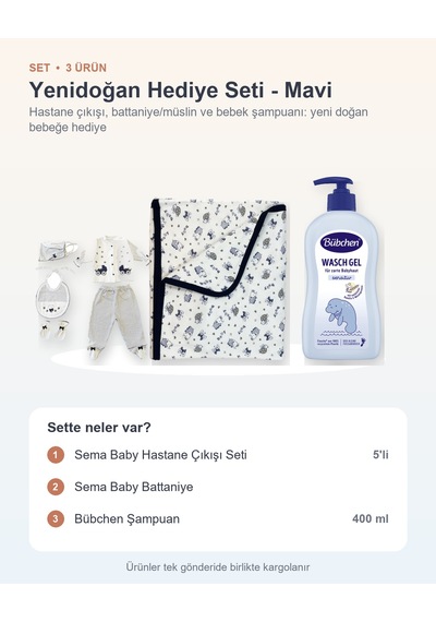 Yenidoğan Hediye Seti 3 Parça: Hastane Çıkışı Seti + Battaniye + Bübchen Şampuan - Mavi