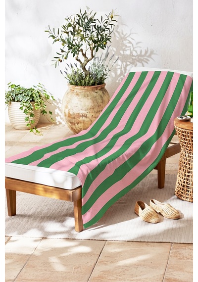 Çizgili Retro Çift Çizgili Plaj Havlusu - Modern Pembe Yeşil Hızlı Kuruyan Mikrofiber Havlu Yumuşak Dalgası