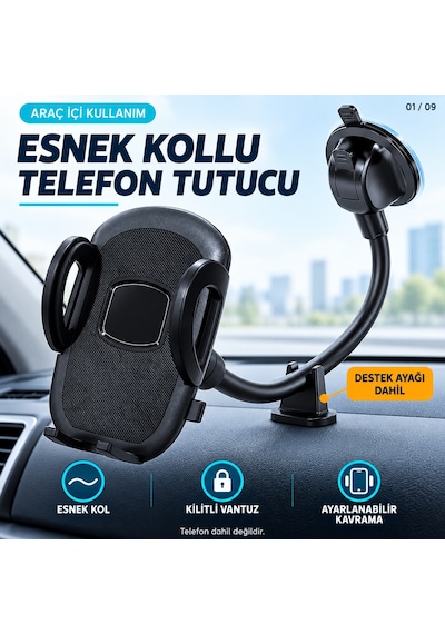 Dexxony Hp-a03 Vantuzlu Araç İçi Telefon Tutucu 20 Cm Bükülebilir Kol Cam Ve Torpido Destek Ayaklı Centilmen Siyah