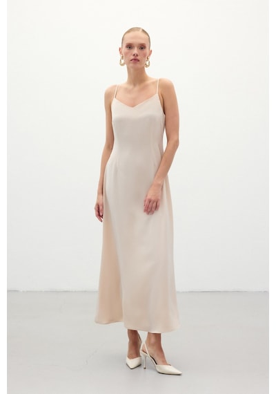 Sateen Askılı Uzun Saten Elbise - Bej-136325 Bej