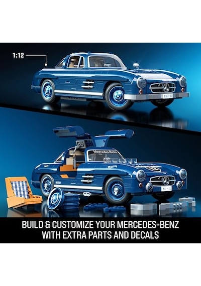 Mattel Mega Hot Wheels Koleksiyona Uygun Yarış Arabası Yapı Oyuncağı, 1500 Parçalı, Metal, 1:12 Ölçekli, Gri Renkli Mercedes-benz 300 Sl Modeli, Hww25