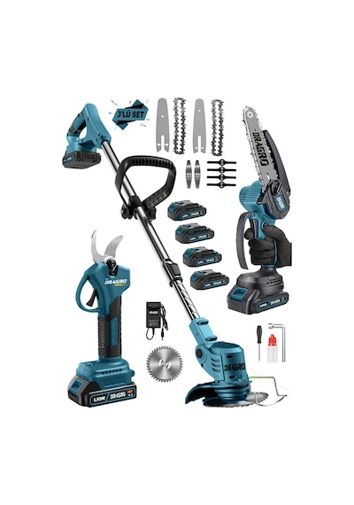 Dragro DRG-4M 3'lü Bahçe Seti 4 Akü Otomatik Yağlı Testere + Dal Kesme Makası + Akülü Tırpan