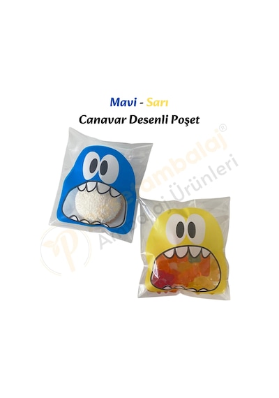 30 Adet Mavi-sarı Renkli Canavar Desenli Cake Pop & Kurabiye Poşeti-10x15 Cm