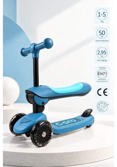 C-pro 2'si 1 Arada Katlanabilir Çocuk Scooterı Açık Mavi