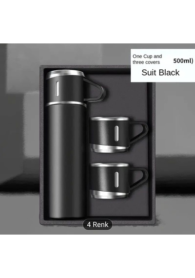 Termos Seti, Paslanmaz Çelik Termos 500ml, 2 Fincan İle, Seyahat Seti, Siyah Diğer