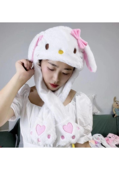 Mj Toys Sanrio Kuromi Hello Kitty Şapka Kulakları Hareket Eden Şapka Işıklı Modlu Peluş Bere Şapka Beyaz