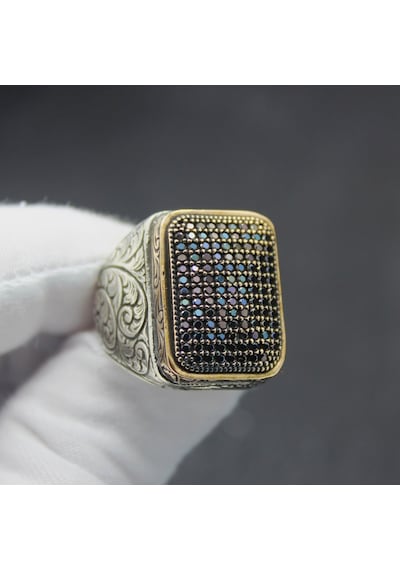 925 Ayar Lacivert Micro Taşlı Gravür İşlemeli Gümüş Erkek Yüzüğü Gümüş