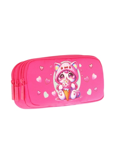 Kaukko Kids Fuşya, Dondurma Yiyen Kedi, Kız Çocuk Üç Gözlü Okul Kalem Çantası - L8250 Fuşya