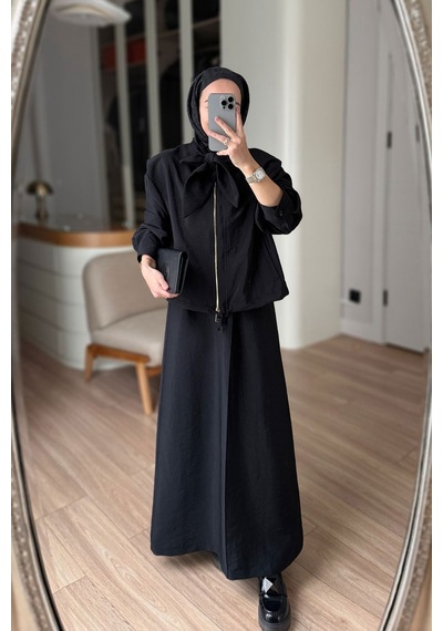 Ka Hijab Ceketli Elbise Takım - Siyah