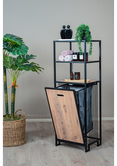 Kirli Sepetli Banyo Dolabı 3 Raflı Metal Düzenleyici Modern Çamaşır Sepetli Organizer Raf Siyah