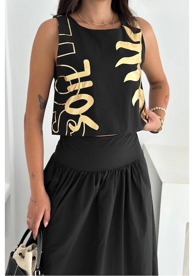 Asprin Fashion Varak Baskılı Crop&etek Takım Papertouch Kumaş Siyah