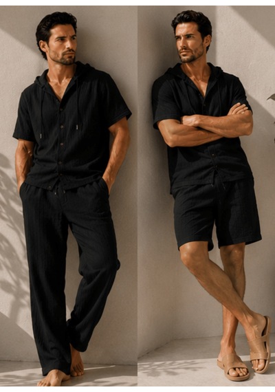 Erkek Müslin Kapşonlu 3'set Gömlek-şort-pantalon Siyah