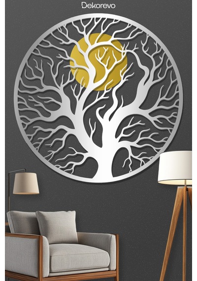 Hayat Ağacı Ve Güneş Metal Duvar Tablosu - Metal Duvar Sanatı - Gümüş - 75 X 75 Cm