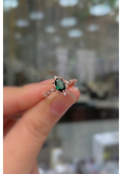925 Ayar Gümüş Rose Gold Oval Kesim Yeşil Taşlı Vintage Tasarım Kadın Yüzük Rose