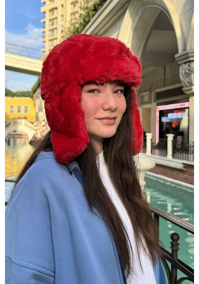 Mollycrush Genç Kırmızı Peluş Pilot Şapka Uniseks Trend Kulaklıklı Kışlık Ushanka Model Kırmızı